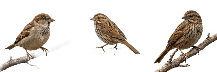Set and collection of small brown bird sparrow isolated on white background