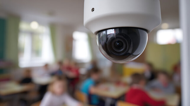 Dome security camera close-up with a classroom or daycare in blurred background, emphasize safety and supervision in educational settings