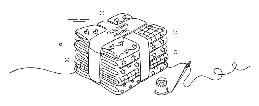 Continuous line drawing of folded fabric for quilting bundle with needle and thimble for handmade sewing and textile craft concept on isolated background vector