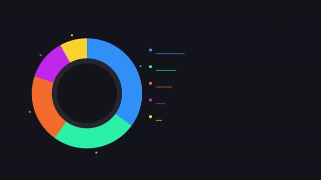 Dark theme colorful animated donut chart infographic loop for business presentation