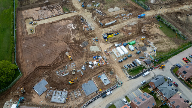 Construction Site Aerial View at Bellway Homes in Boroughbridge, UK.