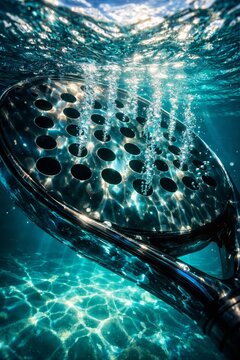 Padel racket underwater, submerged sport equipment with bubbles, aquatic recreation and leisure, dynamic performance, refreshing tennis and racketball competition concept, abstract blue water