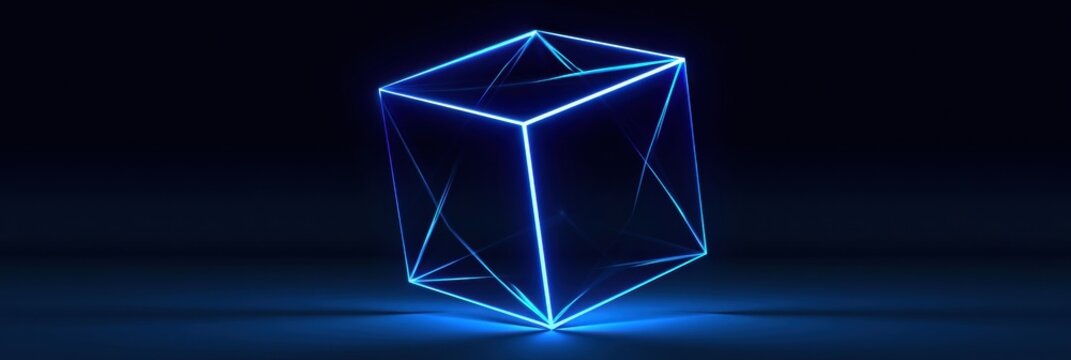 A hypercube tesseract rotates, showing inner and outer cubes linked by glowing lines on a dark navy background, creating a striking visual effect.