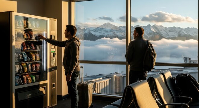 Two Men Waiting in Airport Lounge with Mountain View.