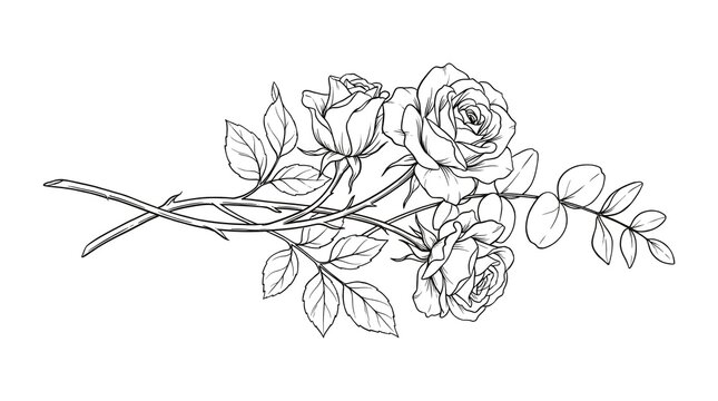 Delicate Line Drawing Roses With Leaves On White Background For Floral Designs