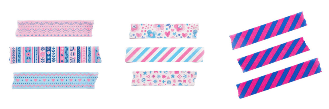 Set and collection of colorful washi tape strips isolated on white background