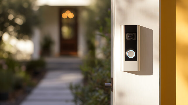 Modern smart home doorbell with camera on a white wall, offering security and convenience at the entrance of a contemporary suburban residence, bright sunlit scene