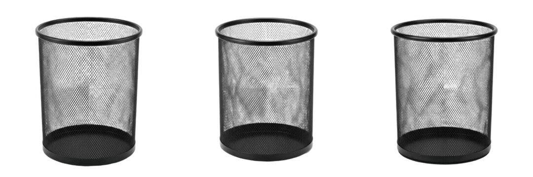 Set and collection of black wire mesh waste basket isolated on white background