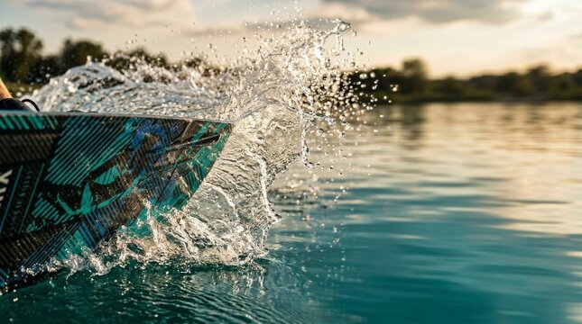 Extreme close-up of a wakeboard cutting through water with massive spray