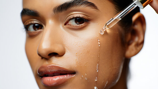 Woman applying serum to face with dropper