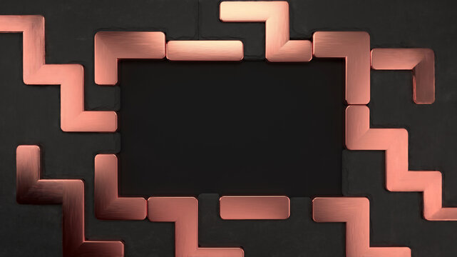 Modern luxury mockup with a blank black surface and brushed copper geometric frame on dark slate stone
