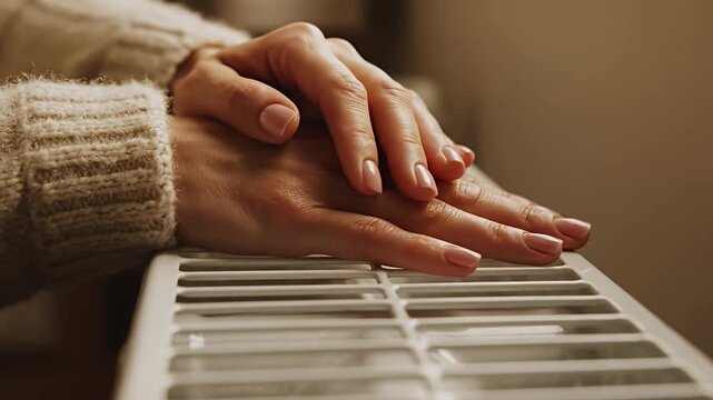 Womans hands resting on radiator grille warmth and comfort indoors
