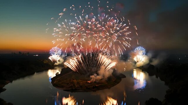 Memorial Day fireworks exploding over a river island at sunset, aerial drone view of patriotic pyrotechnics reflecting in water, grand celebration for American holiday marketing.