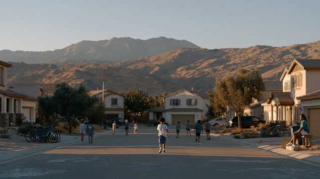 Wide establishing shot of suburban cul-de-sac on summer afternoon, children from multiple households playing street game without adults, single parent watching discreetly from front stoop, golden li