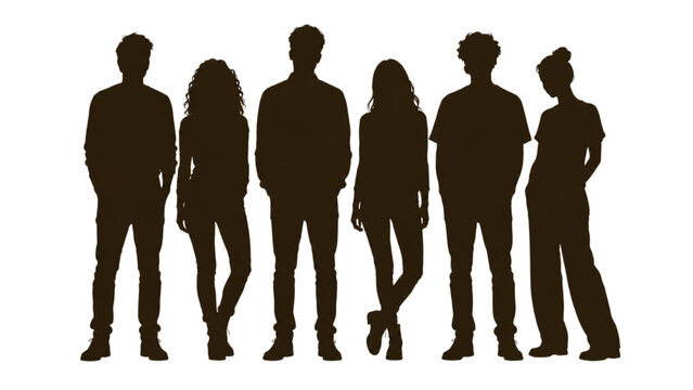 A diverse group of young people stand together as silhouettes against a white background