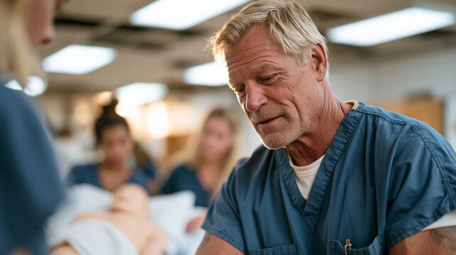 Retired combat medic in scrubs demonstrates triage technique to nursing students in a hospital simulation lab, manikin on gurney, overhead fluorescent lighting, the medic's calm authority shaped by 