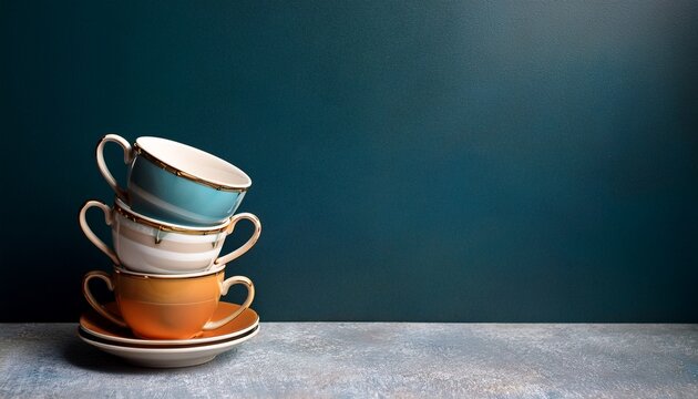 high quality photo of vintage tea and coffee cups stacked against a petrol background with copy space image