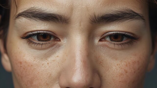 Close up freckled skin closed eyes female serene expression natural light brown eyes natural brows