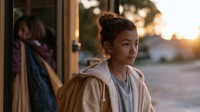 Parent standing at school pickup reluctantly watching overly scheduled child exit bus loaded with three different activity bags, suburban street in late afternoon sun, body language suggesting inter