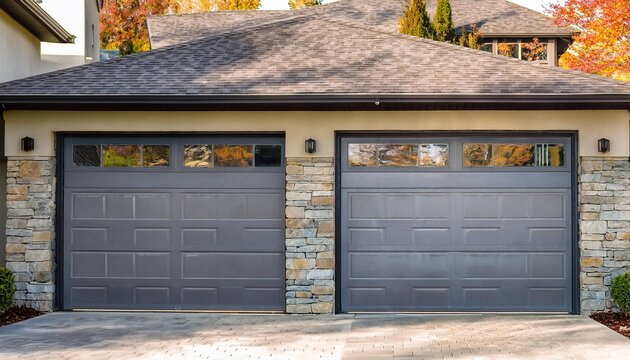 a home s exterior showcasing gray double garage doors and a stone wall with plenty of copy space for images