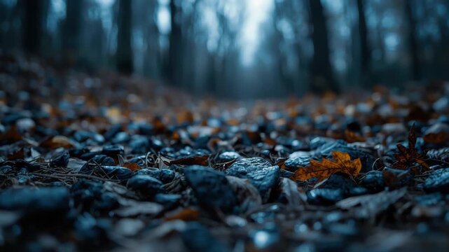 Moody forest floor with wet autumn leaves and pebbles under blue light evocative and quiet