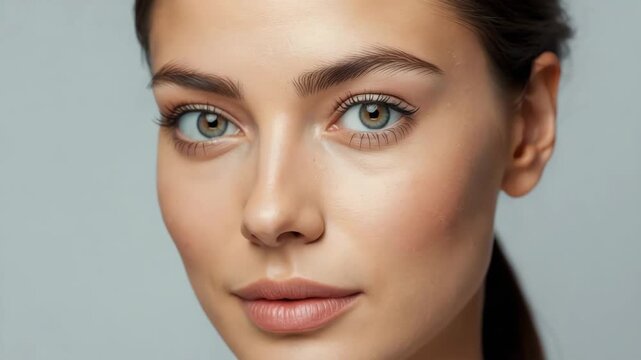 Young woman portrait face close up natural makeup neutral expression calm soft lighting clear skin