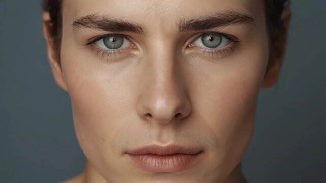Young woman face close up portrait with blue eyes, soft makeup, eyeliner, neutral expression