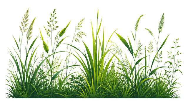 Lush green meadow grass with various species of plants and flowers, detailed illustration