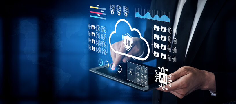 A businessman interacts with a tablet displaying cloud technology graphics and security icons, symbolizing the rise of digital transformation in business. Gantry