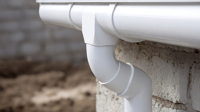 Close-up of a new white PVC gutter system attached to a house wall, ensuring proper rainwater drainage and exterior protection
