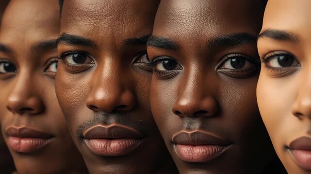 Close up portrait of diverse faces with warm lighting, smooth skin, intense gaze and thoughtful
