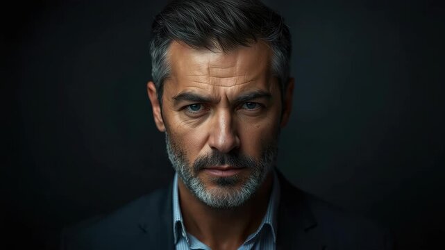 Mature man portrait gray hair beard intense gaze dramatic lighting salt and pepper beard intense