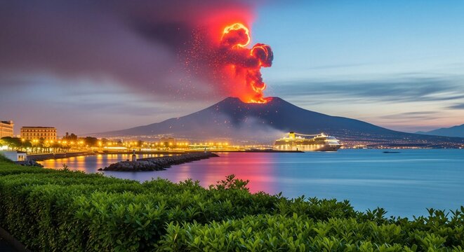 Volcanic eruption of Mount Vesuvius with glowing lava and smoke above the bay in Italy. Large cruise ship idling in water near city coast at sunset. Dramatic natural disaster landscape.