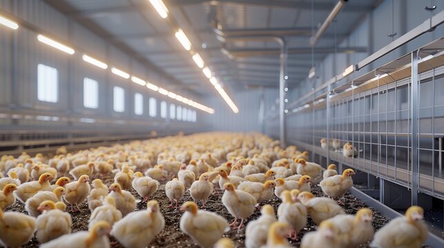 Commercial poultry farm workers inspecting broiler chickens in modern indoor facility with overhead lighting