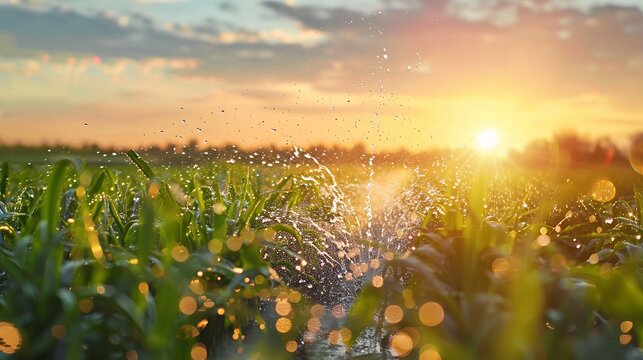 Golden hour sunlight illuminating lush green wheat field with bokeh effect during harvest season
