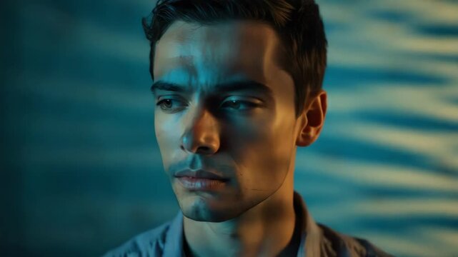 Young man portrait moody teal lighting cinematic introspective warm tones serious expression