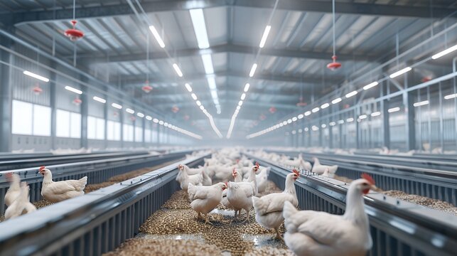 Commercial poultry farm workers tending to broiler chickens in modern indoor facility with feed distribution