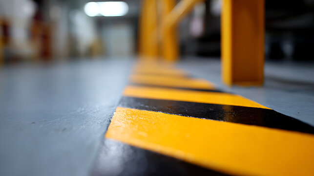 Ground-level view of a vibrant yellow and black striped safety line on a concrete floor in an industrial facility or warehouse interior, motion blur