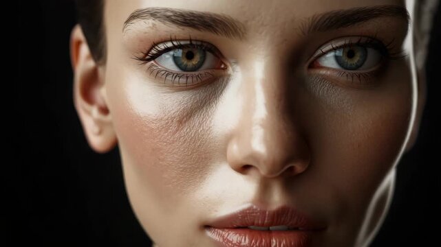 Young woman close up face portrait with natural skin texture eyes gaze soft dramatic lighting
