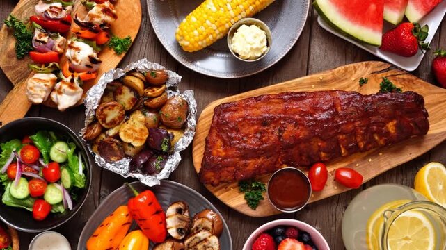 Summer BBQ or picnic food table scene. Slow rotating zoom motion. Assortment of grilled meats, vegetables, fruits, salad and potatoes. Top down view over a dark wood background.