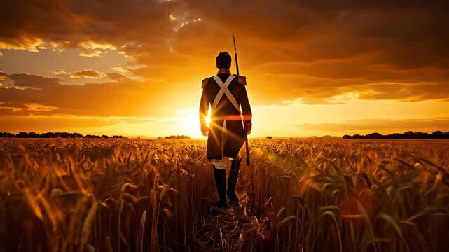 Soldier in historical uniform walking through a golden wheat field at sunset. Cinematic tribute for Memorial Day, American history projects, and patriotic veteran remembrance.