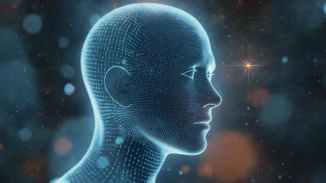 Futuristic wireframe human head with glowing forehead light conveying insight and focus