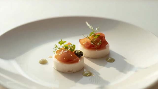 Smoked salmon mousse brioche canap&eacute;s with caviar and herb microgreens, elegant plating soft light