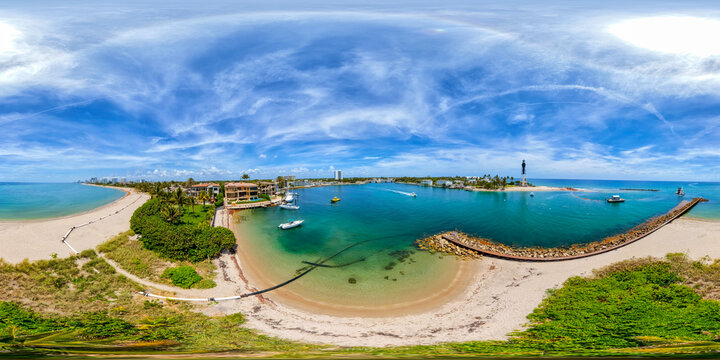 Rock jetty at the Hillsboro Inlet aerial 360 equirectangular vr photo