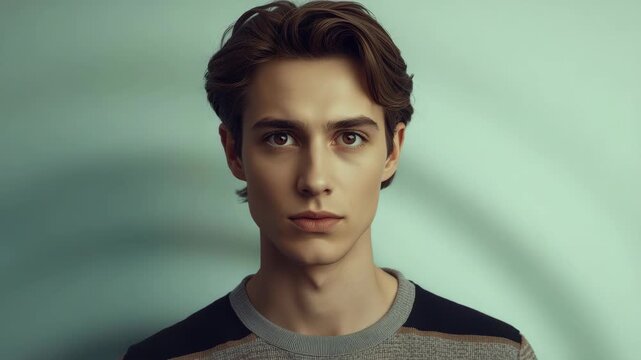 Young man portrait with neutral expression and soft studio lighting, closed eyes serene minimalist