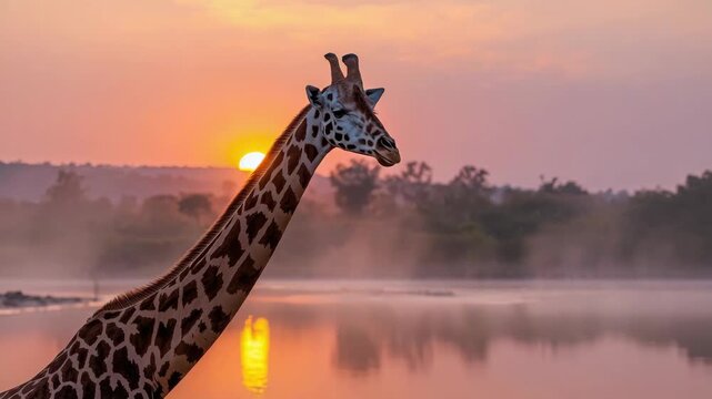 Giraffe sunset lake reflection wildlife animal majestic giraffe neck lakeside with golden misty