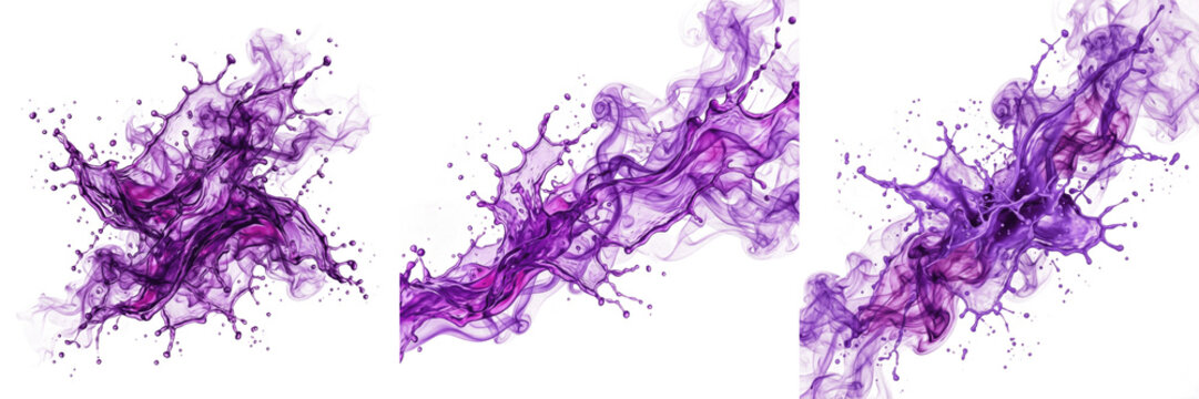 Set and collection of purple liquid splash isolated on white background