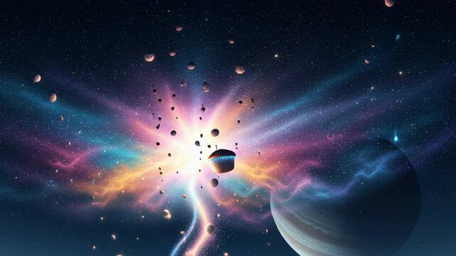 cosmic explosion in space with planets and asteroids