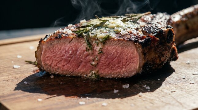 Juicy grilled tomahawk steak with herb butter and coarse salt on a wooden board with steam rising