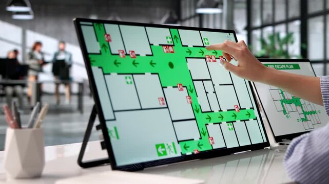 Woman At Office Computer Checking Fire Evacuation Plan